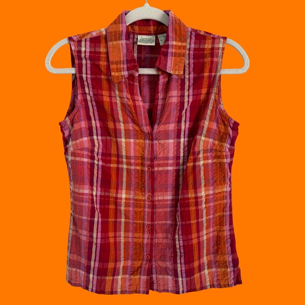 90's vintage orange plaid collared sleeveless shirt SMALL St. John's Bay